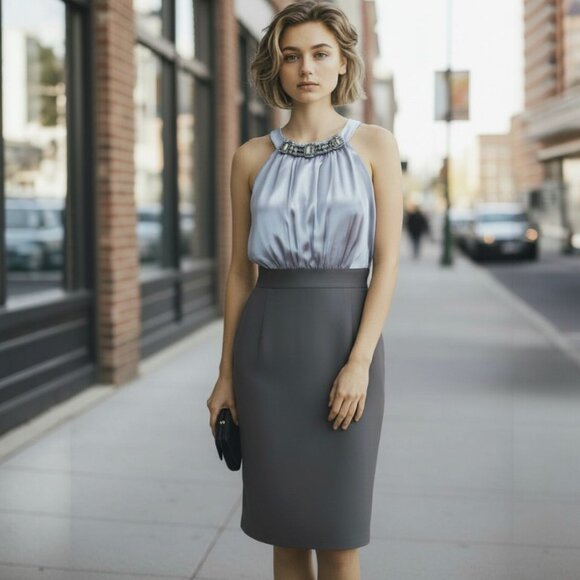 Jones Studio Bead & Crystal Embellished Gray & Black Dress, Size 10 - Picture 1 of 9